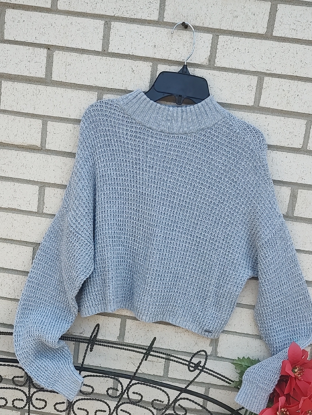 Hollister Light Blue Cropped Waffle-Knit Turtleneck Sweater